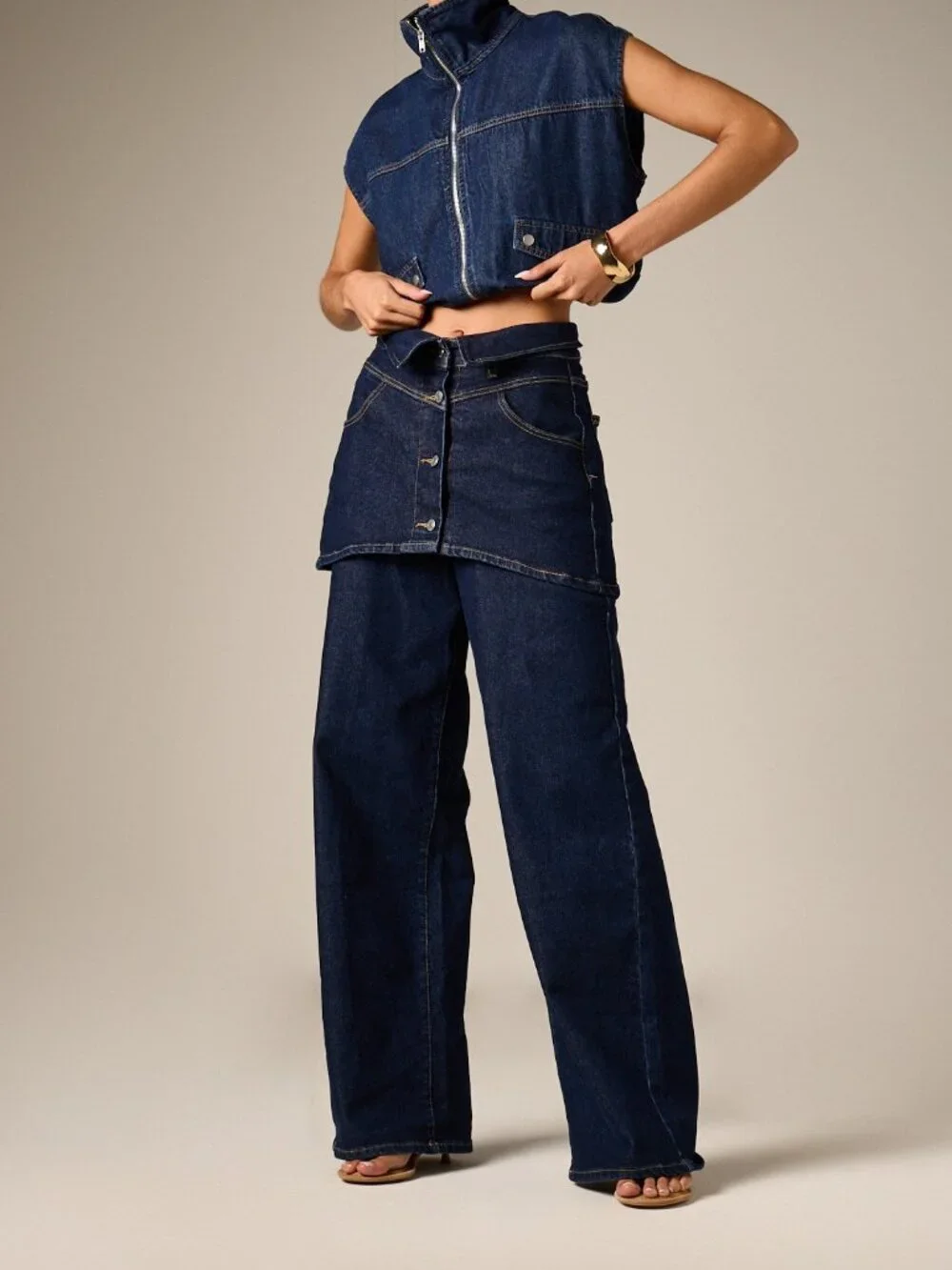Dark Wash Elegant Women's Loose High Rise Wide Leg Denim Pants